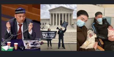 Left to right: witness at the Uyghur Tribunal in London; members of the new organisation Progressive Anti-Abortion Uprising demonstrate outside the US Supreme Court; Tori O'Rourke and family.